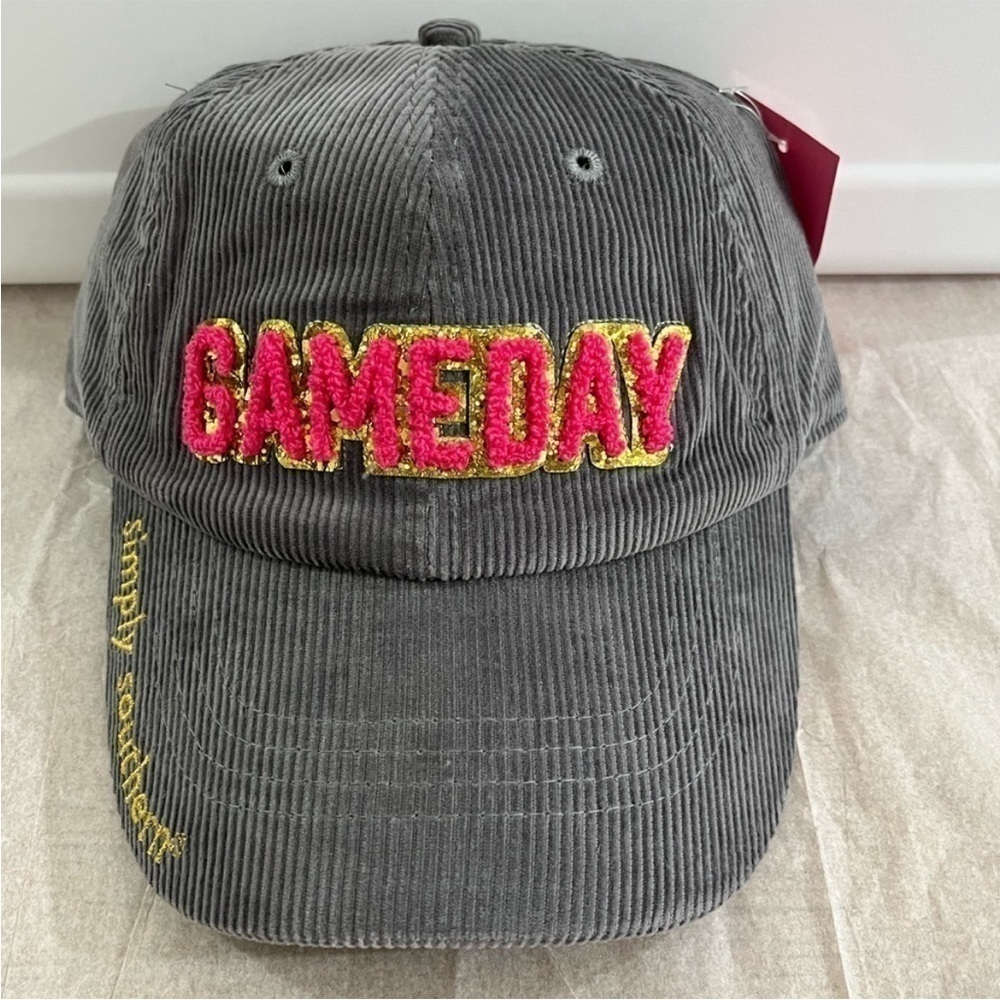 Simply Southern Gray Sparkle Puff Letter GAMEDAY Corduroy Baseball Hat NWT